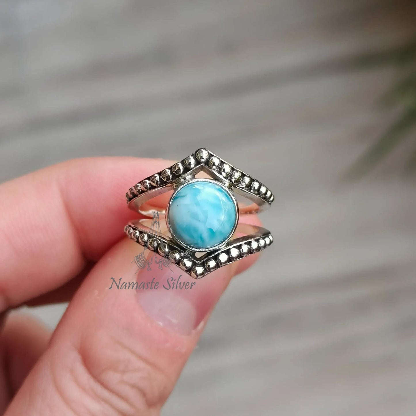 Larimar Ring, 925 Sterling Silver Statement Promise Ring, Natural Larimar Round Gemstone Handmade Jewelry, Gift for Her, February Birthstone