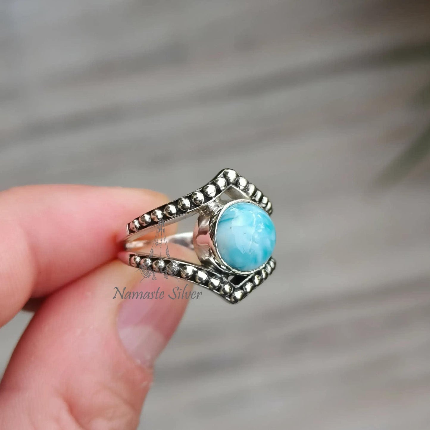 Larimar Ring, 925 Sterling Silver Statement Promise Ring, Natural Larimar Round Gemstone Handmade Jewelry, Gift for Her, February Birthstone