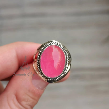 Pink Jade Ring, 925 Sterling Silver Statement Promise Ring, Pink Jade Oval Gemstone Handmade Jewelry, Elegant Proposal Ring, Gift for her
