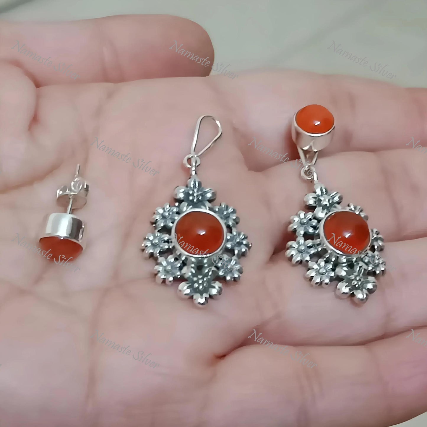 Carnelian Earrings, Sterling Silver 2-in-1 Floral Earrings, Natural Carnelian Round Gemstone Handmade Jewelry, Gift For Her, July Birthstone