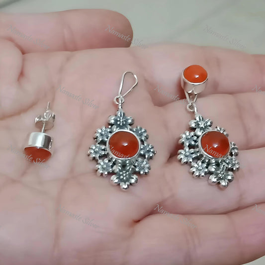 Carnelian Earrings, Sterling Silver 2-in-1 Floral Earrings, Natural Carnelian Round Gemstone Handmade Jewelry, Gift For Her, July Birthstone