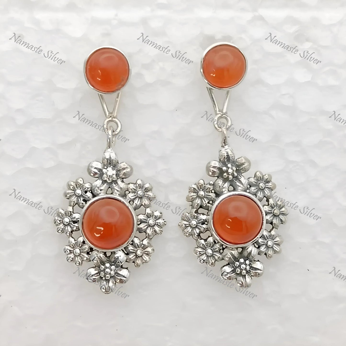 Carnelian Earrings, Sterling Silver 2-in-1 Floral Earrings, Natural Carnelian Round Gemstone Handmade Jewelry, Gift For Her, July Birthstone