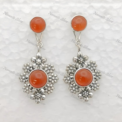 Carnelian Earrings, Sterling Silver 2-in-1 Floral Earrings, Natural Carnelian Round Gemstone Handmade Jewelry, Gift For Her, July Birthstone
