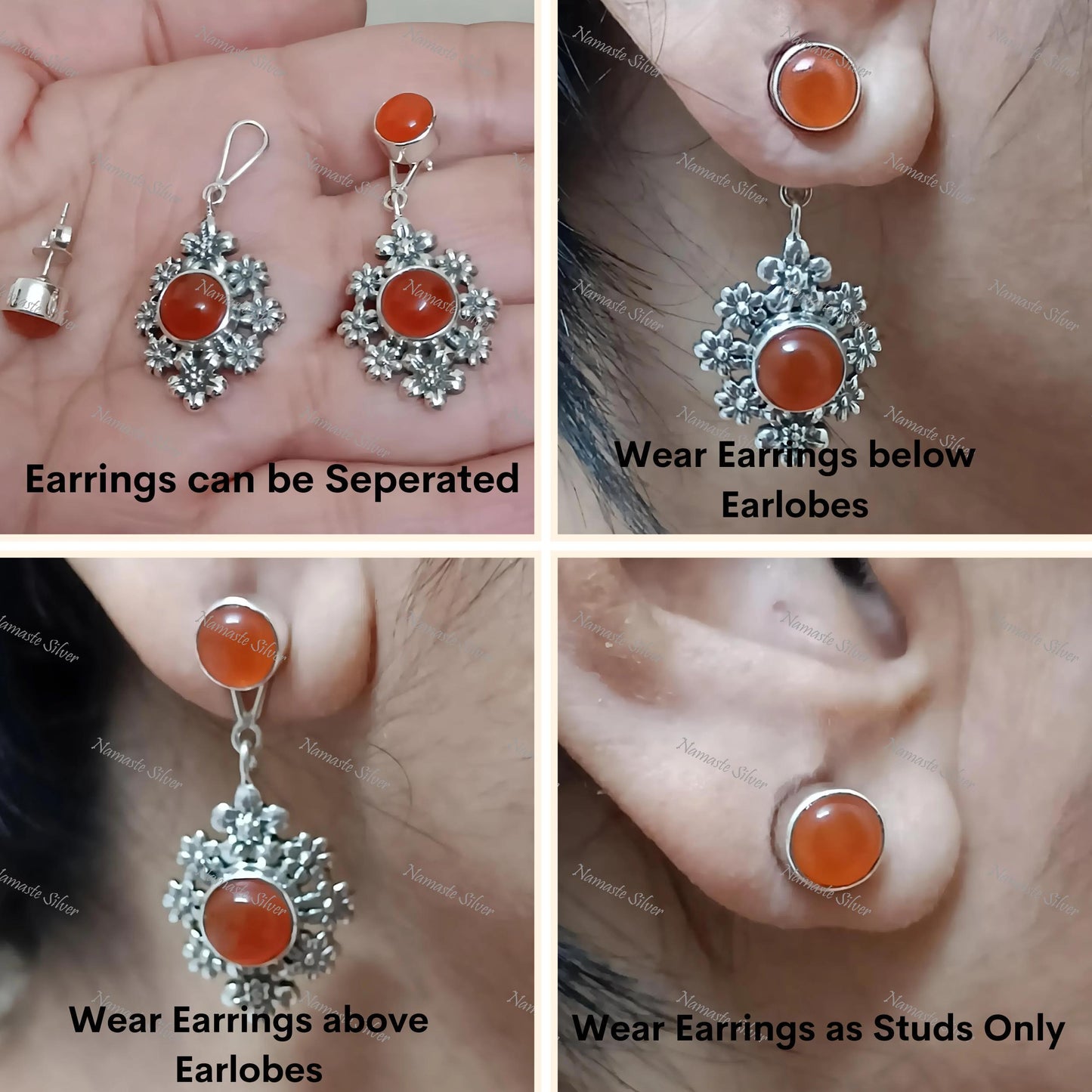 Carnelian Earrings, Sterling Silver 2-in-1 Floral Earrings, Natural Carnelian Round Gemstone Handmade Jewelry, Gift For Her, July Birthstone