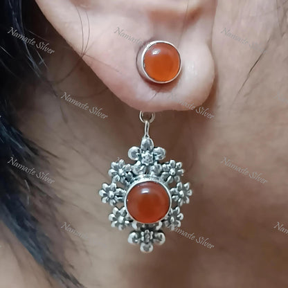 Carnelian Earrings, Sterling Silver 2-in-1 Floral Earrings, Natural Carnelian Round Gemstone Handmade Jewelry, Gift For Her, July Birthstone