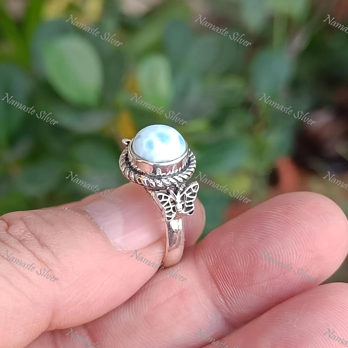 Larimar Ring, 925 Sterling Silver Promise Ring, Natural Larimar Round Gemstone Handmade Butterfly Jewelry, Gift for Her, February Birthstone