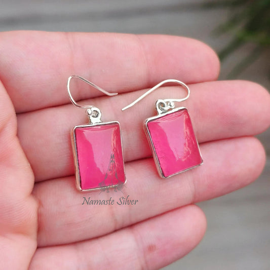 Pink Jade Earrings, 925 Sterling Silver Dangle Drop Earrings, Pink Jade Cushion Gemstone Handmade Jewelry, Elegant Gift for her Anniversary