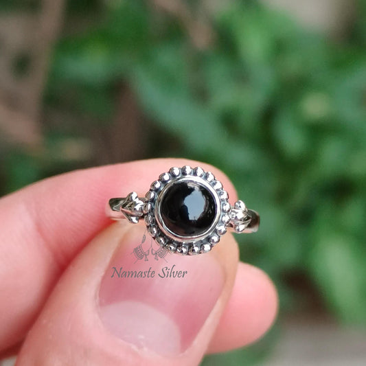 Black Onyx Ring, 925 Sterling Silver Dainty Promise Ring, Natural Black Gemstone Round Handmade Jewelry, July Birthstone, Cute Gift for Her