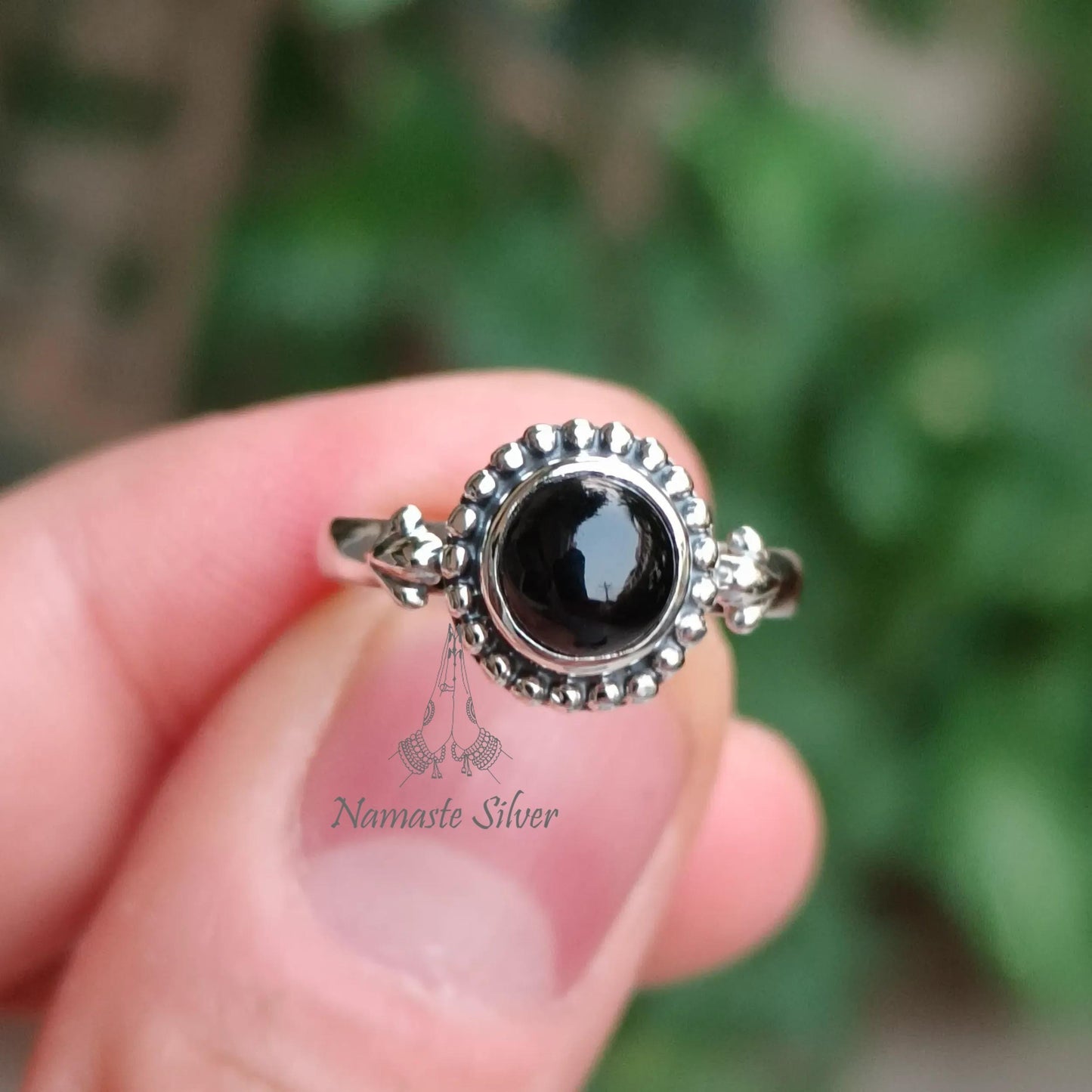 Black Onyx Ring, 925 Sterling Silver Dainty Promise Ring, Natural Black Gemstone Round Handmade Jewelry, July Birthstone, Cute Gift for Her