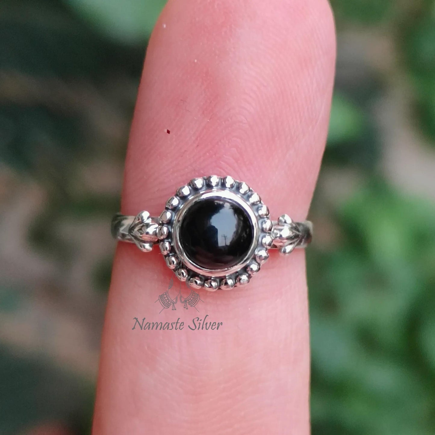 Black Onyx Ring, 925 Sterling Silver Dainty Promise Ring, Natural Black Gemstone Round Handmade Jewelry, July Birthstone, Cute Gift for Her