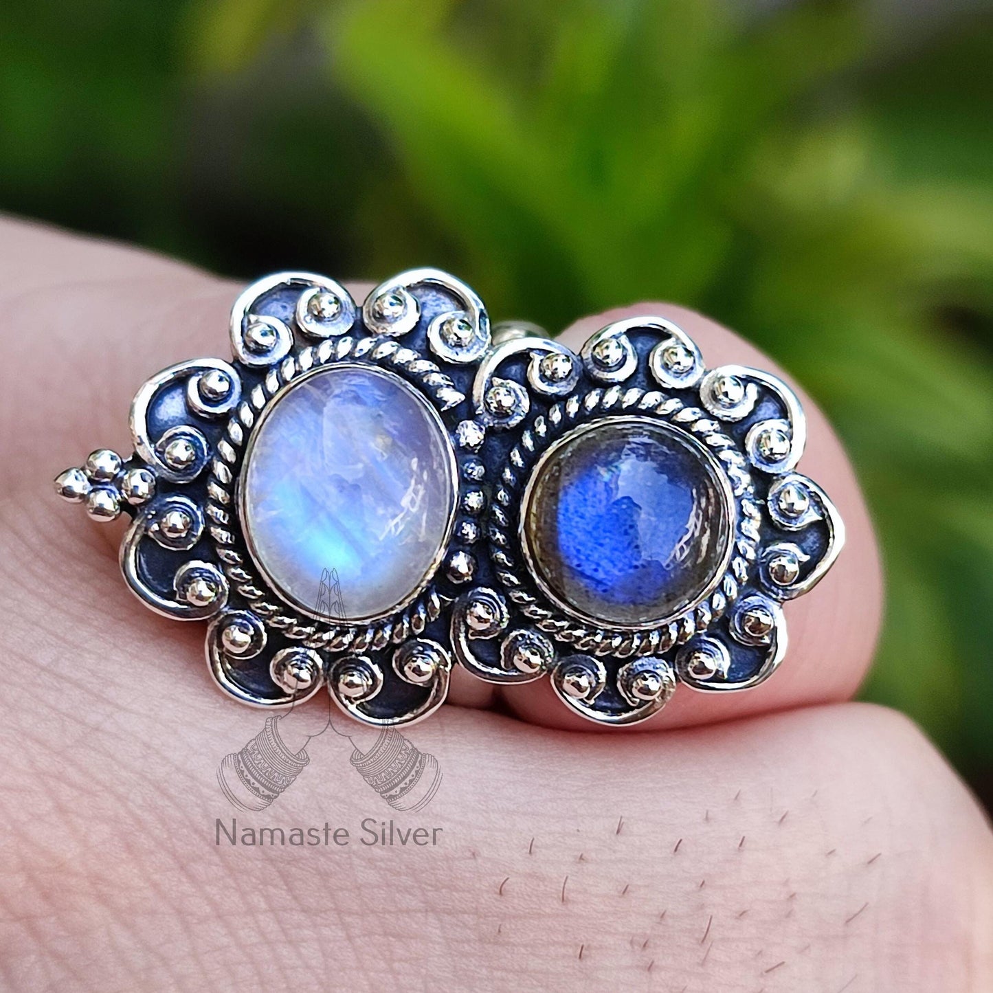 Moonstone, Labradorite Ring, Sterling Silver Statement Promise Ring, Natural Dual Gemstone Handmade Jewelry, Gift for Her, Birthstone Ring