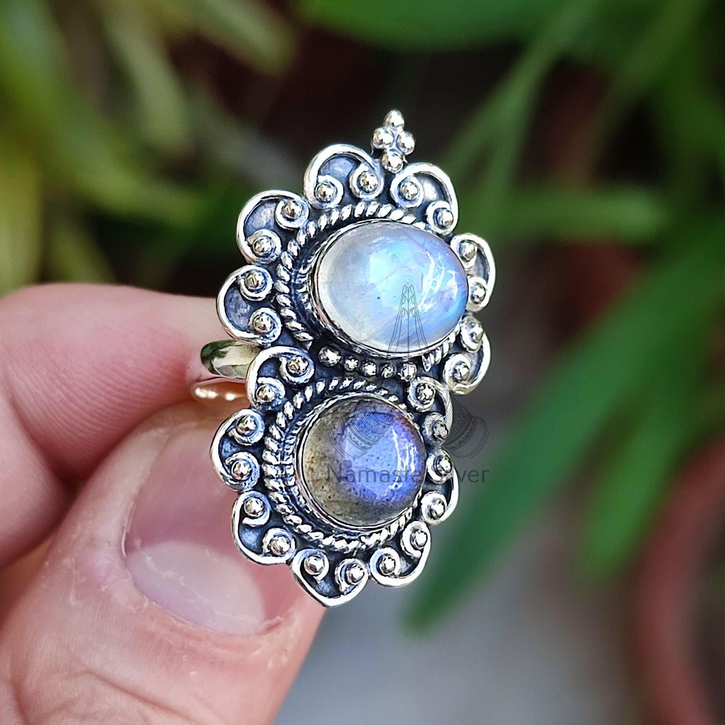 Moonstone, Labradorite Ring, Sterling Silver Statement Promise Ring, Natural Dual Gemstone Handmade Jewelry, Gift for Her, Birthstone Ring