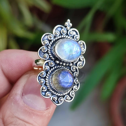 Moonstone, Labradorite Ring, Sterling Silver Statement Promise Ring, Natural Dual Gemstone Handmade Jewelry, Gift for Her, Birthstone Ring