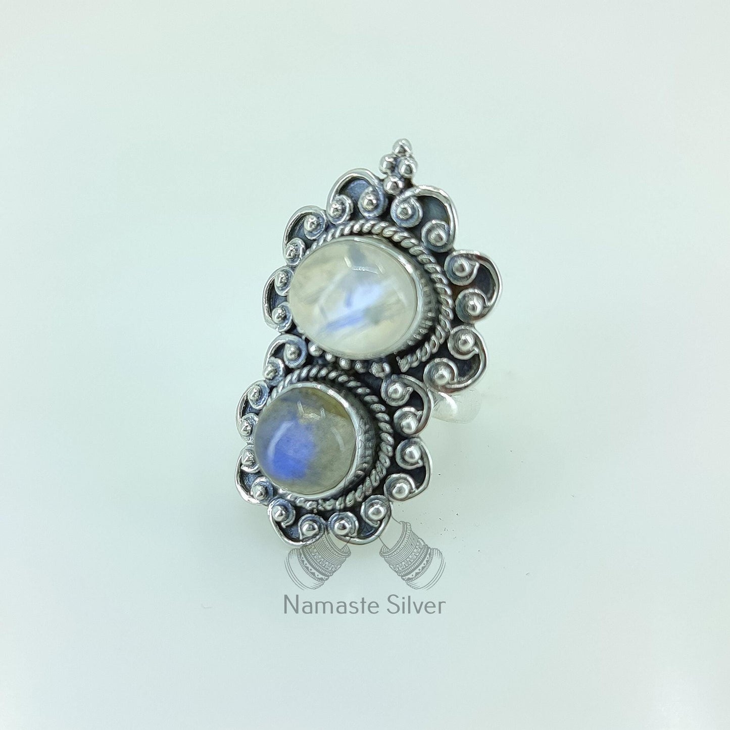 Moonstone, Labradorite Ring, Sterling Silver Statement Promise Ring, Natural Dual Gemstone Handmade Jewelry, Gift for Her, Birthstone Ring