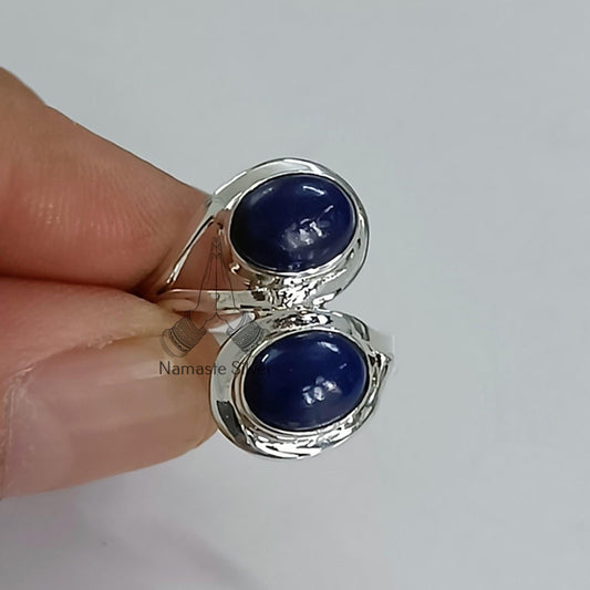 Lapis Lazuli Ring, 925 Sterling Silver Promise Ring, Blue Lapis Dual Gemstone Oval Handmade Boho Jewelry, September Birthstone, Gift for her