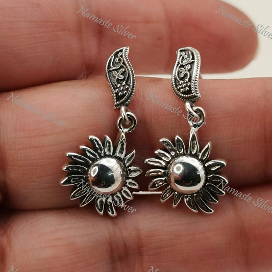 Sun Earrings, 925 Sterling Silver Dangle Celestial Earrings, Sun Burst Earrings, Handmade Boho Celestial Sun Jewelry, Unique Gift For Her
