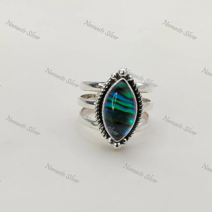 Abalone Shell Ring, 925 Sterling Silver Statement Promise Ring, Natural Paua seashell Marquise Doublet Handmade Jewelry, Unique Gift for her