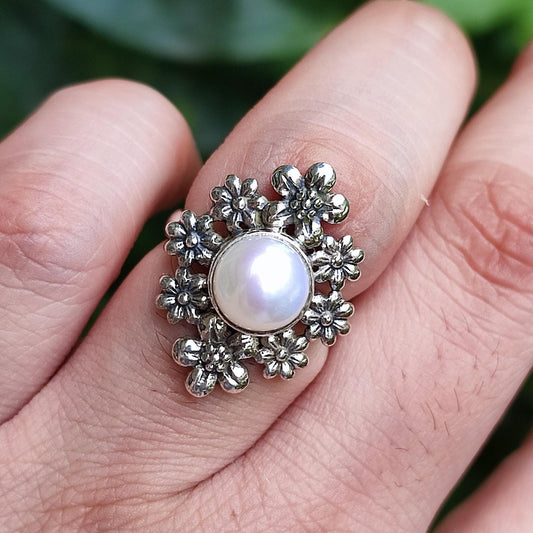Pearl Ring, 925 Sterling Silver Ring Statement Promise Ring, Freshwater Pearl Floral Handmade Jewelry, June Birthstone, Unique Gift for Her