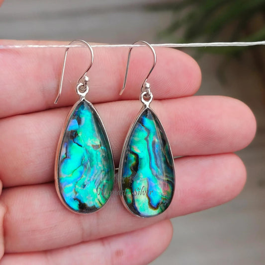 Abalone Shell Earrings, 925 Sterling Silver Dangle Drop Earrings, Natural Abalone Pear Shape Doublet Handmade Jewelry, Paua Shell Earrings