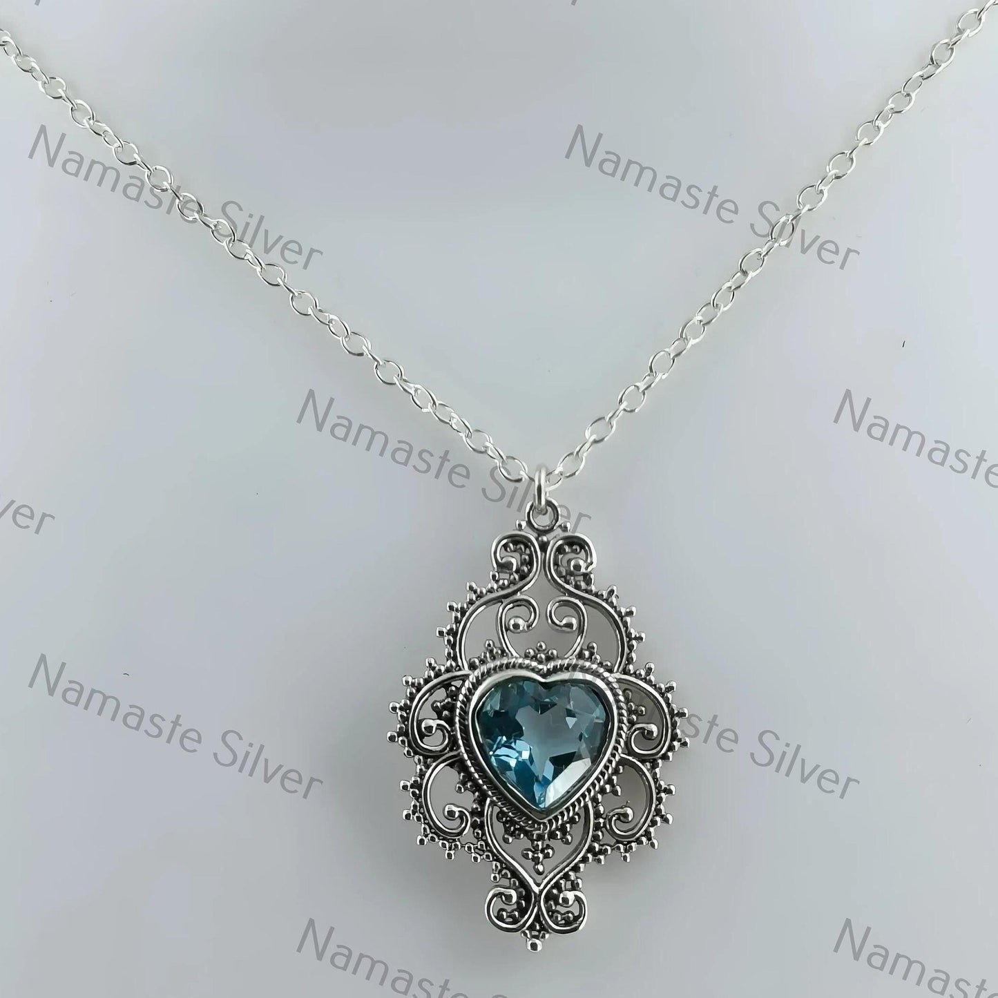 Blue Topaz Necklace, 925 Sterling Silver Pendant, Natural Blue Topaz Heart Shape Gemstone Handmade Jewelry, December Birthstone Gift for Her