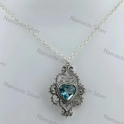 Blue Topaz Necklace, 925 Sterling Silver Pendant, Natural Blue Topaz Heart Shape Gemstone Handmade Jewelry, December Birthstone Gift for Her