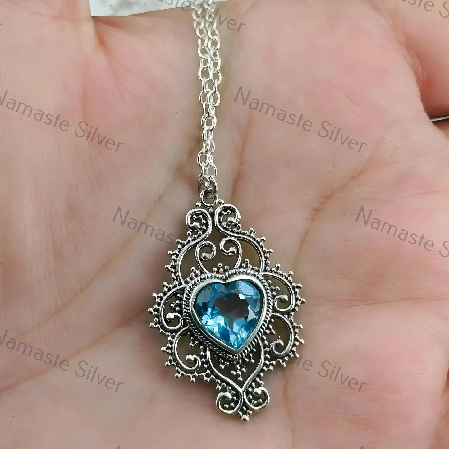 Blue Topaz Necklace, 925 Sterling Silver Pendant, Natural Blue Topaz Heart Shape Gemstone Handmade Jewelry, December Birthstone Gift for Her