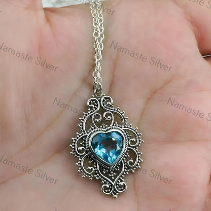 Blue Topaz Necklace, 925 Sterling Silver Pendant, Natural Blue Topaz Heart Shape Gemstone Handmade Jewelry, December Birthstone Gift for Her