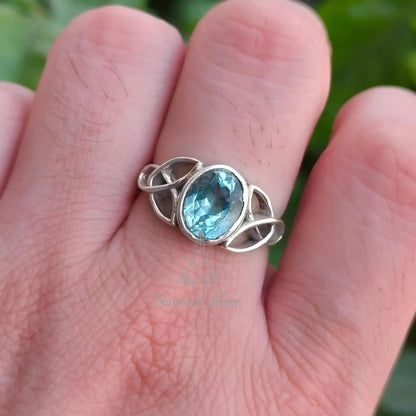 Blue Topaz Ring, 925 Sterling Silver Celtic Knot Ring, Natural Blue Topaz Oval Gemstone Handmade Jewelry, December Birthstone, Gift for Her