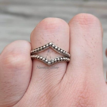 Crown Beaded Ring, 925 Sterling Silver Minimalist Promise Ring for Women, Handmade Double Band Minimalist Jewelry, Dainty Gift for Women