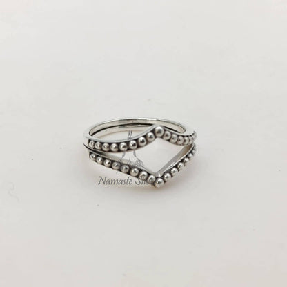 Crown Beaded Ring, 925 Sterling Silver Minimalist Promise Ring for Women, Handmade Double Band Minimalist Jewelry, Dainty Gift for Women