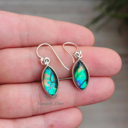 Abalone Shell Doublet Earrings, 925 Sterling Silver Dangle Earrings, Natural Abalone Marquise Handmade Jewelry, Blue Paua Shell Earrings