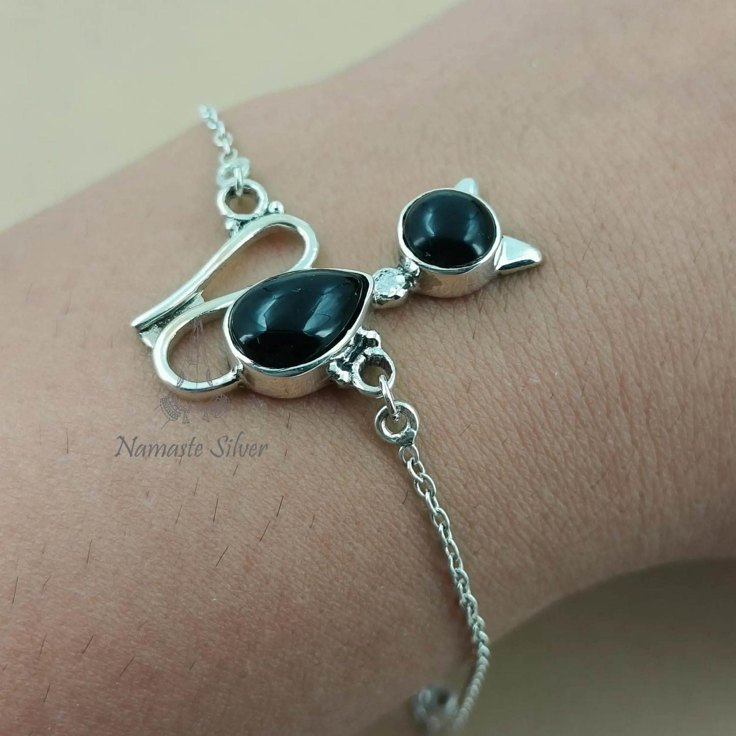 Black Onyx Cat Bracelet, 925 Sterling Silver Kitty Handmade Jewelry, Natural Black Onyx Dual Gemstone, Elegant Gift For Her, July Birthstone