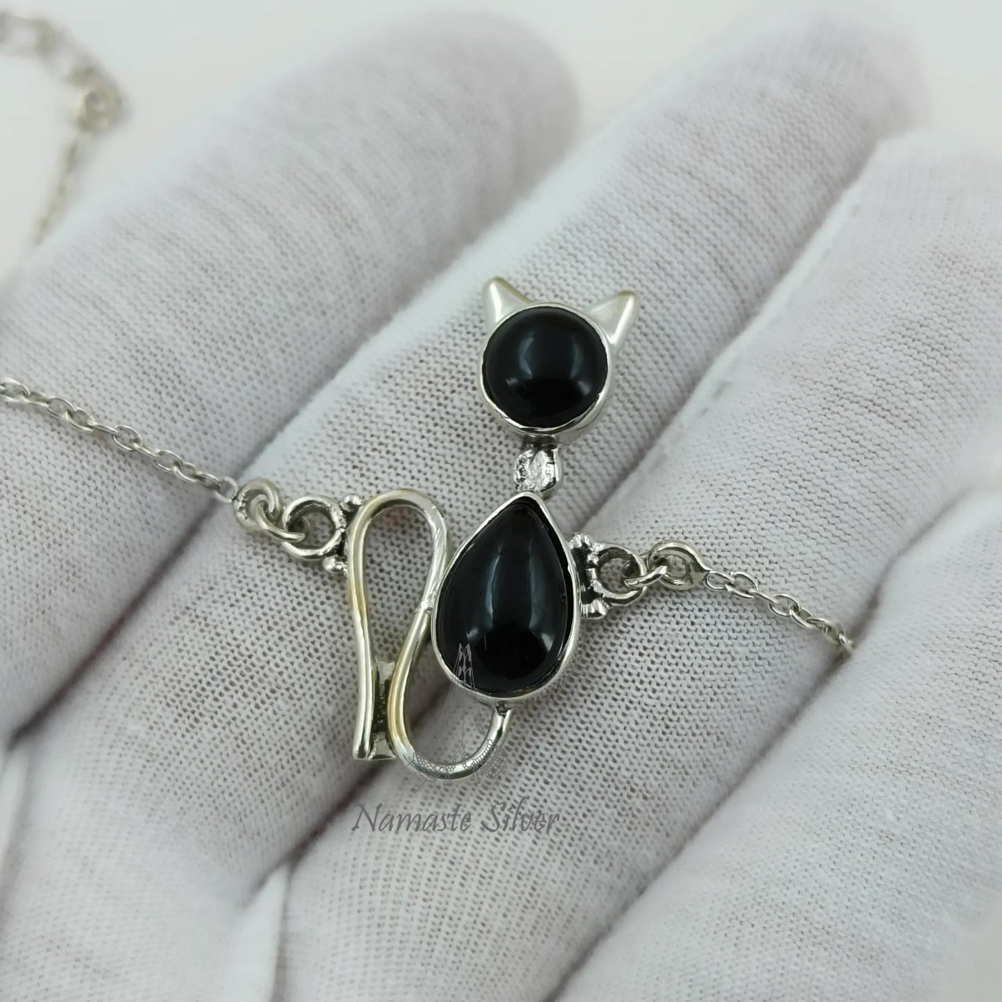 Black Onyx Cat Bracelet, 925 Sterling Silver Kitty Handmade Jewelry, Natural Black Onyx Dual Gemstone, Elegant Gift For Her, July Birthstone