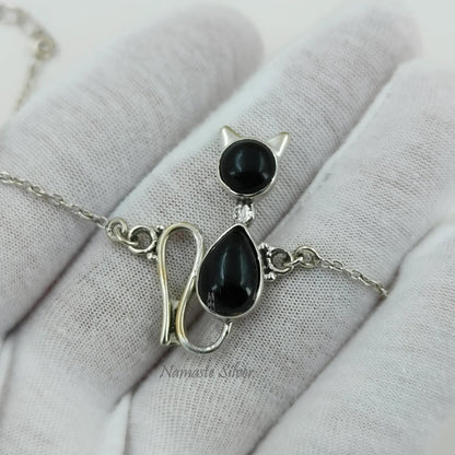 Black Onyx Cat Bracelet, 925 Sterling Silver Kitty Handmade Jewelry, Natural Black Onyx Dual Gemstone, Elegant Gift For Her, July Birthstone