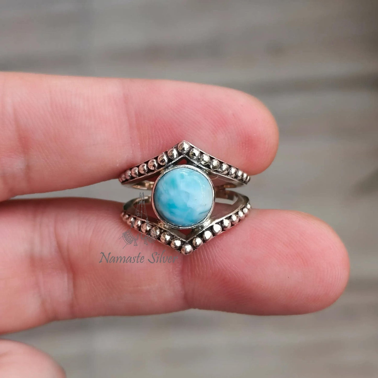 Larimar Ring, 925 Sterling Silver Statement Promise Ring, Natural Larimar Round Gemstone Handmade Jewelry, Gift for Her, February Birthstone