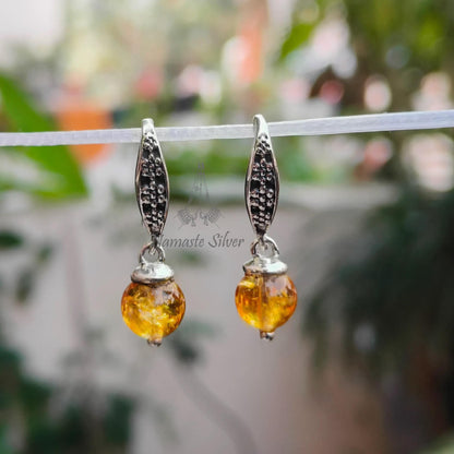 Citrine Earrings, 925 Sterling Silver Dangle Drop Earrings, Natural Citrine Round Beads Handmade Jewelry, November Birthstone, Gift for Her
