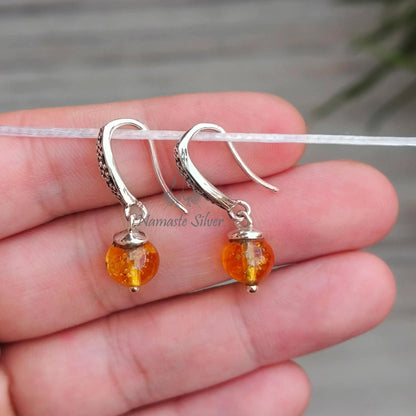 Citrine Earrings, 925 Sterling Silver Dangle Drop Earrings, Natural Citrine Round Beads Handmade Jewelry, November Birthstone, Gift for Her