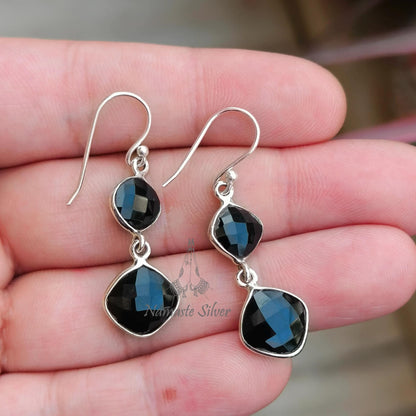 Black Spinel Earrings, 925 Sterling Silver Dangle Drop Earrings, Natural Spinel Cushion Briolette Gemstone Handmade Jewelry, Gift for Her