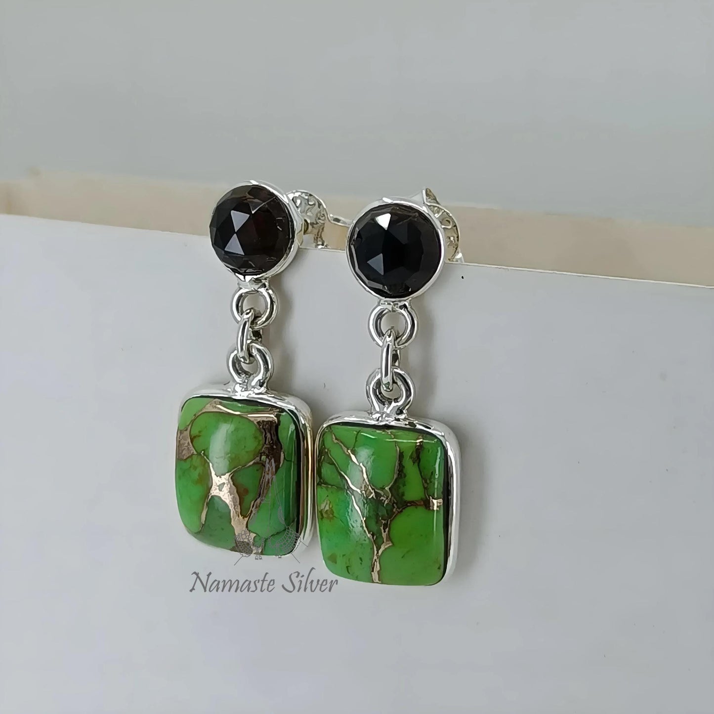 Green Turquoise Smoky Quartz Earrings, 925 Sterling Silver Dangle Earrings, Natural Dual Gemstone Handmade Boho Jewelry, Unique Gift For Her