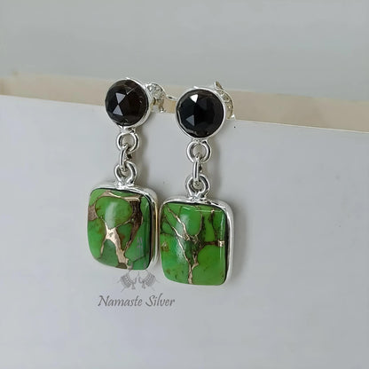 Green Turquoise Smoky Quartz Earrings, 925 Sterling Silver Dangle Earrings, Natural Dual Gemstone Handmade Boho Jewelry, Unique Gift For Her