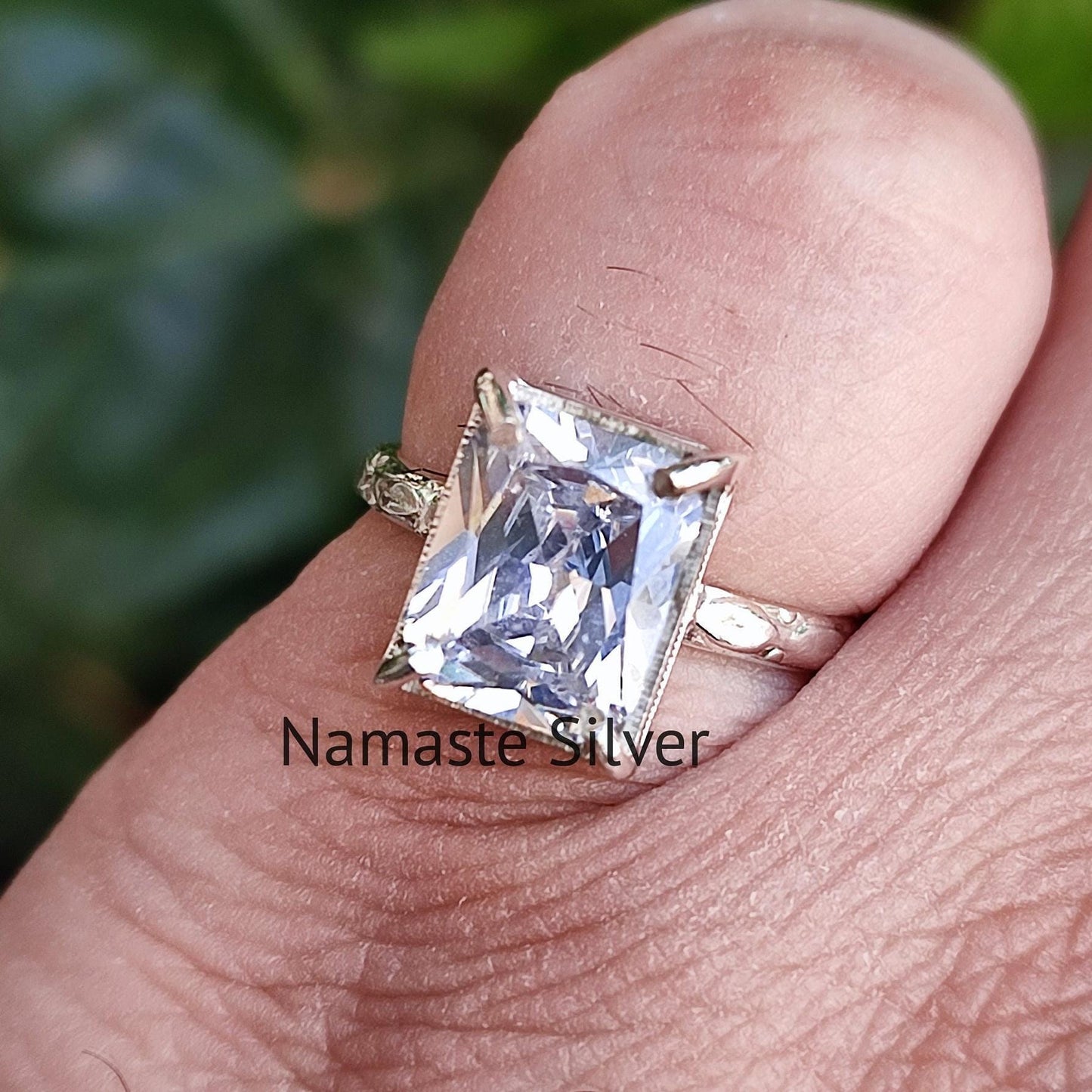 Cubic Zirconia Ring, 925 Sterling Silver Promise Ring, Zirconia Emerald Cut Handmade Boho Jewelry, Gift for Her, CZ Solitaire Wedding Ring