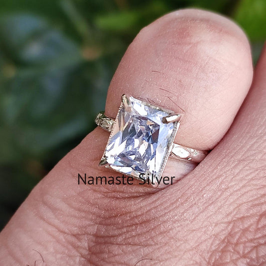 Cubic Zirconia Ring, 925 Sterling Silver Promise Ring, Zirconia Emerald Cut Handmade Boho Jewelry, Gift for Her, CZ Solitaire Wedding Ring
