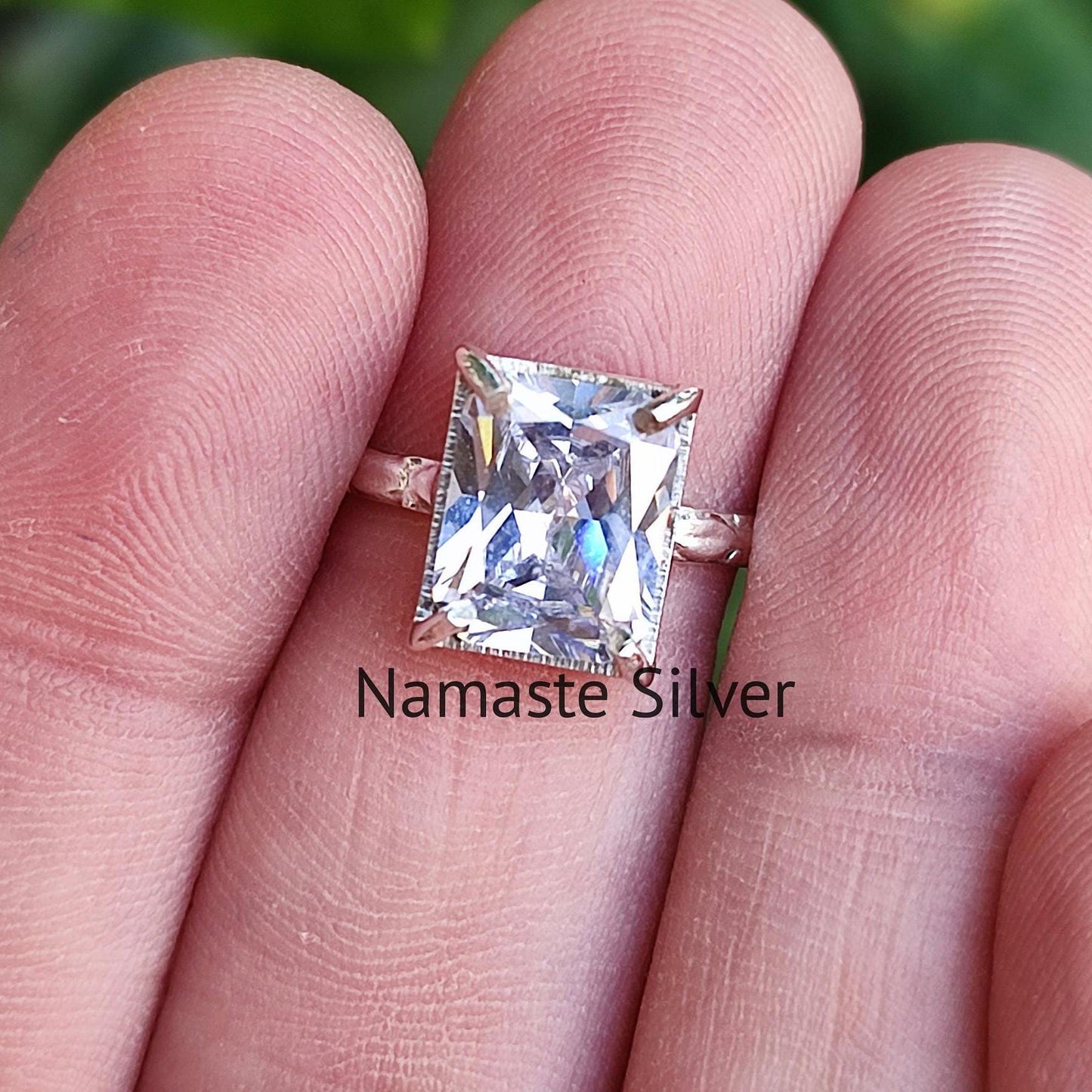Cubic Zirconia Ring, 925 Sterling Silver Promise Ring, Zirconia Emerald Cut Handmade Boho Jewelry, Gift for Her, CZ Solitaire Wedding Ring