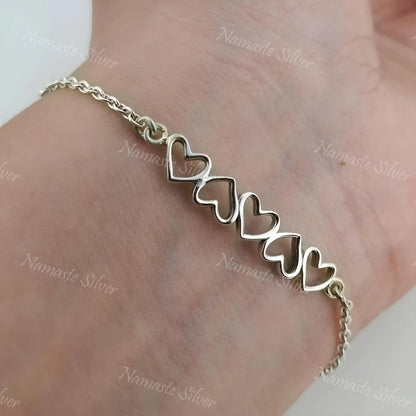 Heart to Heart Bracelet, 925 Sterling Silver Bracelet, Adjustable Minimalist Jewelry, Dainty Heart Charm Gift for Women, Everyday Bracelet