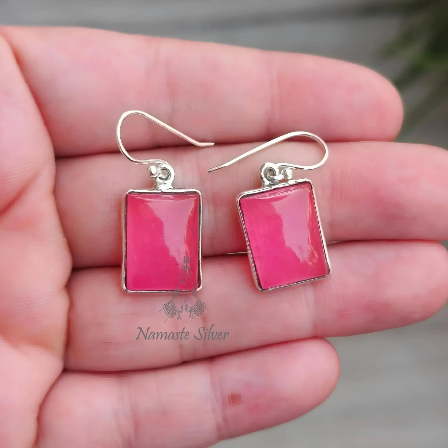 Pink Jade Earrings, 925 Sterling Silver Dangle Drop Earrings, Pink Jade Cushion Gemstone Handmade Jewelry, Elegant Gift for her Anniversary