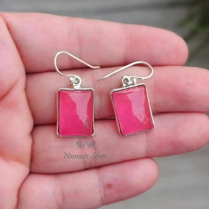 Pink Jade Earrings, 925 Sterling Silver Dangle Drop Earrings, Pink Jade Cushion Gemstone Handmade Jewelry, Elegant Gift for her Anniversary
