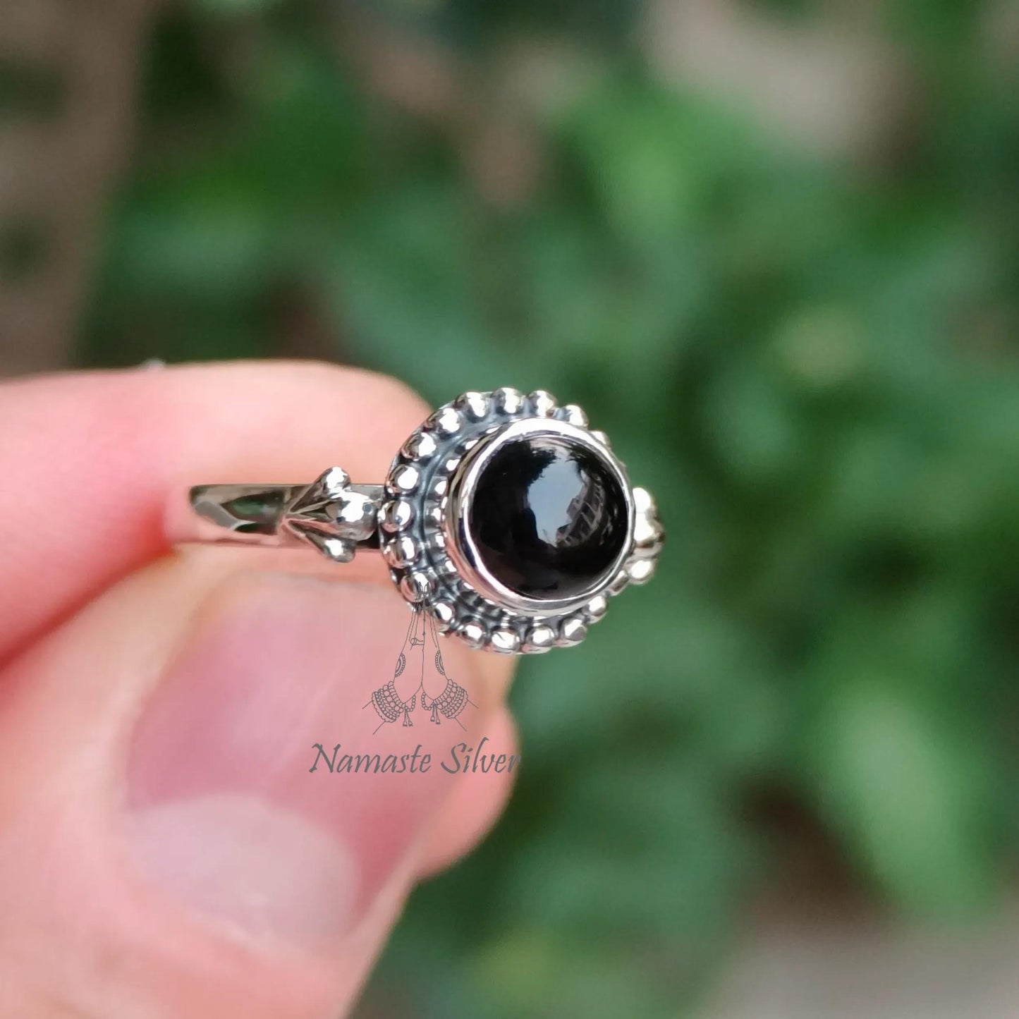 Black Onyx Ring, 925 Sterling Silver Dainty Promise Ring, Natural Black Gemstone Round Handmade Jewelry, July Birthstone, Cute Gift for Her
