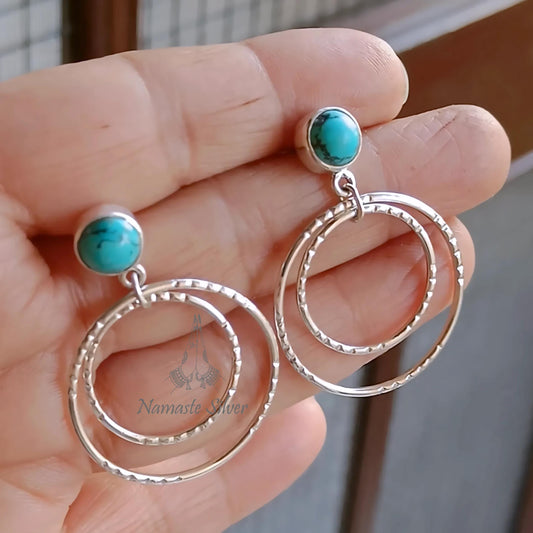 Turquoise Earrings, 925 Sterling Silver Double Hoop Dangle Earrings, Turquoise Round Handmade Jewelry, December Birthstone, Gift for Her