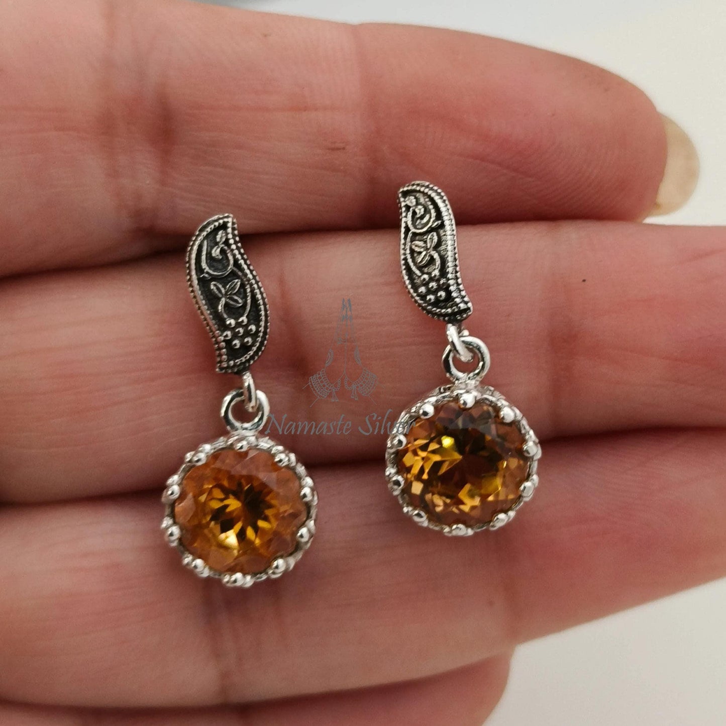 Citrine Earrings, 925 Sterling Silver Dangle Earrings, Natural Citrine Round Gemstone Handmade Jewelry, November Birthstone, Gift for Her