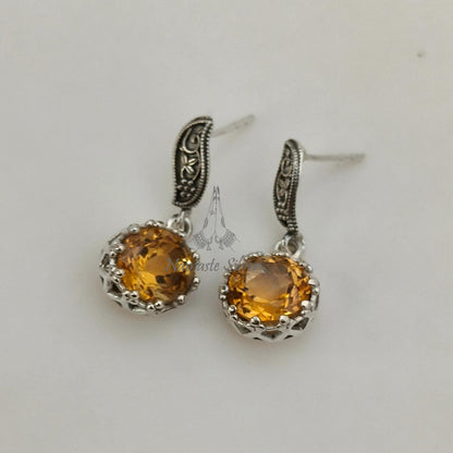 Citrine Earrings, 925 Sterling Silver Dangle Earrings, Natural Citrine Round Gemstone Handmade Jewelry, November Birthstone, Gift for Her